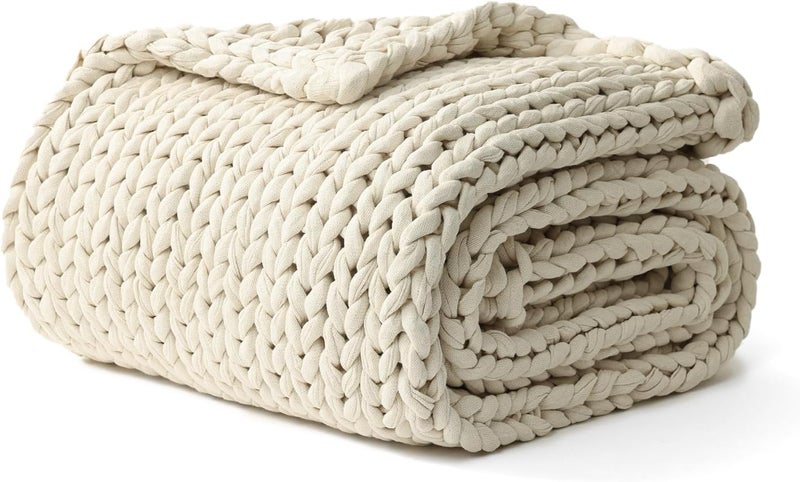 YnM Cotton Weighted Blanket, Handmade Chunky Knitted Design, Soft and Cozy, Temperature Regulating and Breathable, Machine Washable Throw for Sleep or Home Decor (Cream White, 43x50 Inch, 10lbs) - Image 1